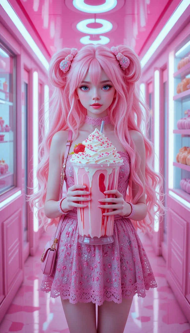 Pastellrosa Anime-Mädchen im leuchtenden Dessertflur