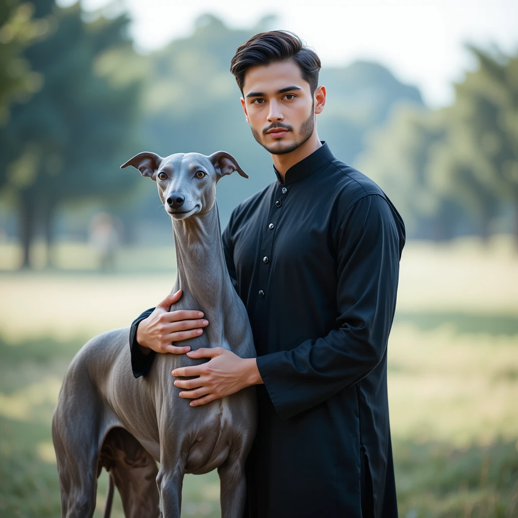 Hombre con galgo en shalwar kameez negro tradicional al aire libre