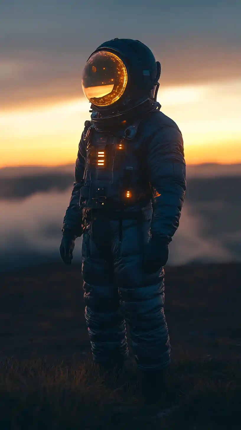 Traje espacial azul futurista sob um céu de pôr do sol dramático