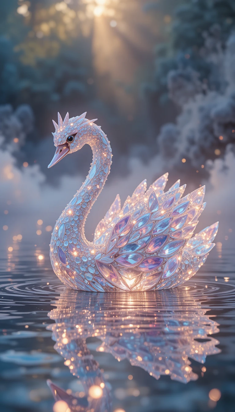 Cygne de cristal flottant sur un lac fantastique arc-en-ciel lumineux