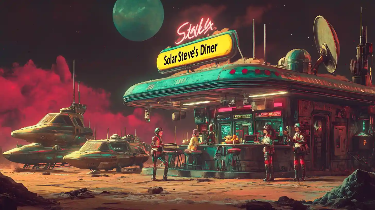 Retro space diner bustling with family ships and servers