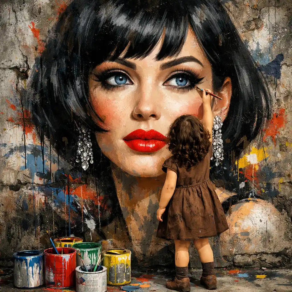 Menina pintando retrato glamouroso de arte de rua em parede de concreto