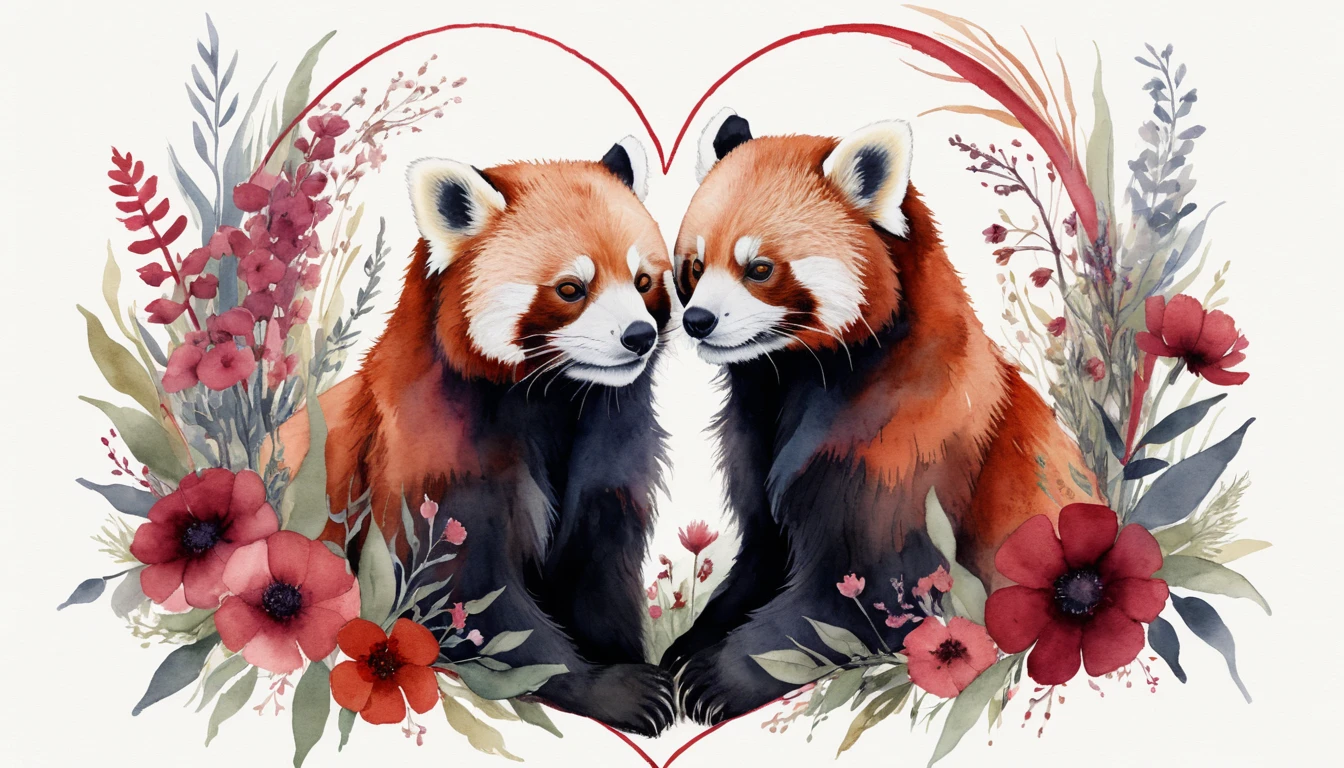 Panda rossi che formano un cuore tra fiori selvatici dipinti a inchiostro