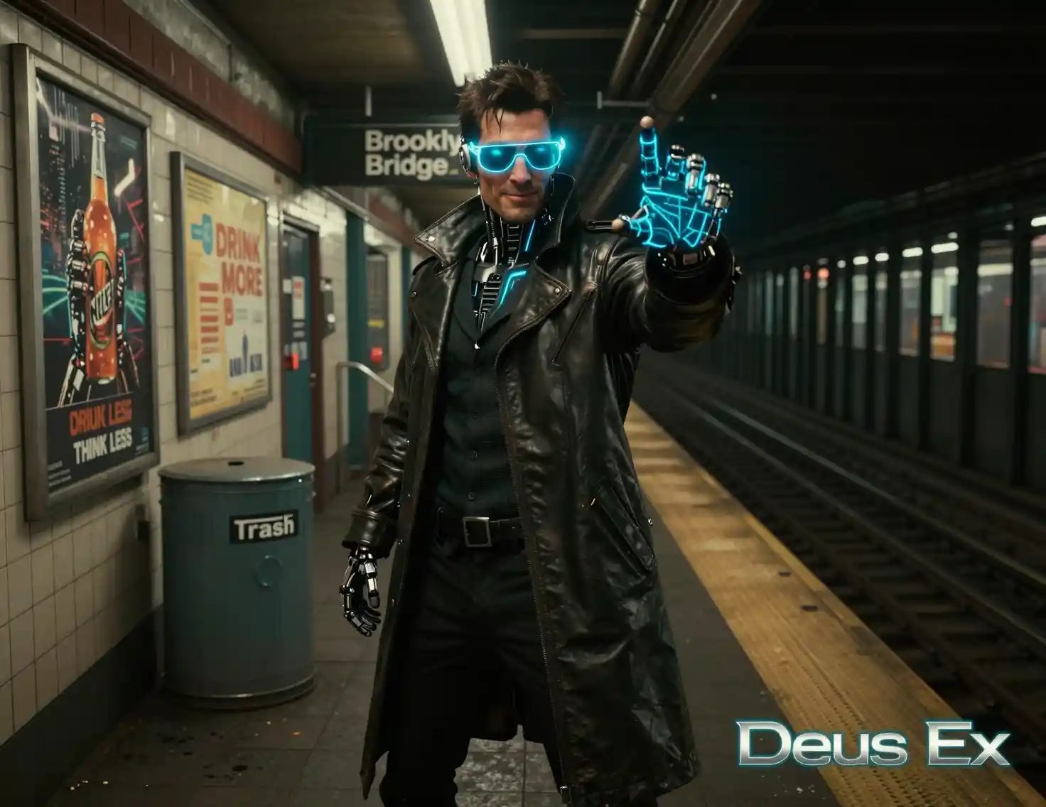 Detective aumentato su un binario della metropolitana cupo