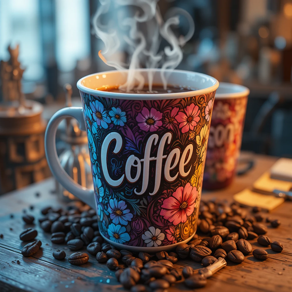 Rendu 3D stylisé de tasses de café parfaitement alignées