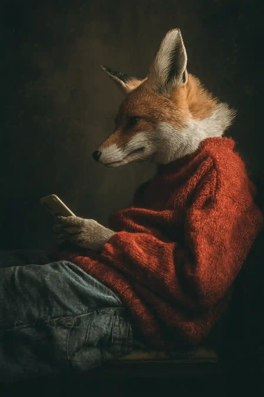 Anthropomorpher Fuchs im roten Pullover, der auf seinem Smartphone schreibt