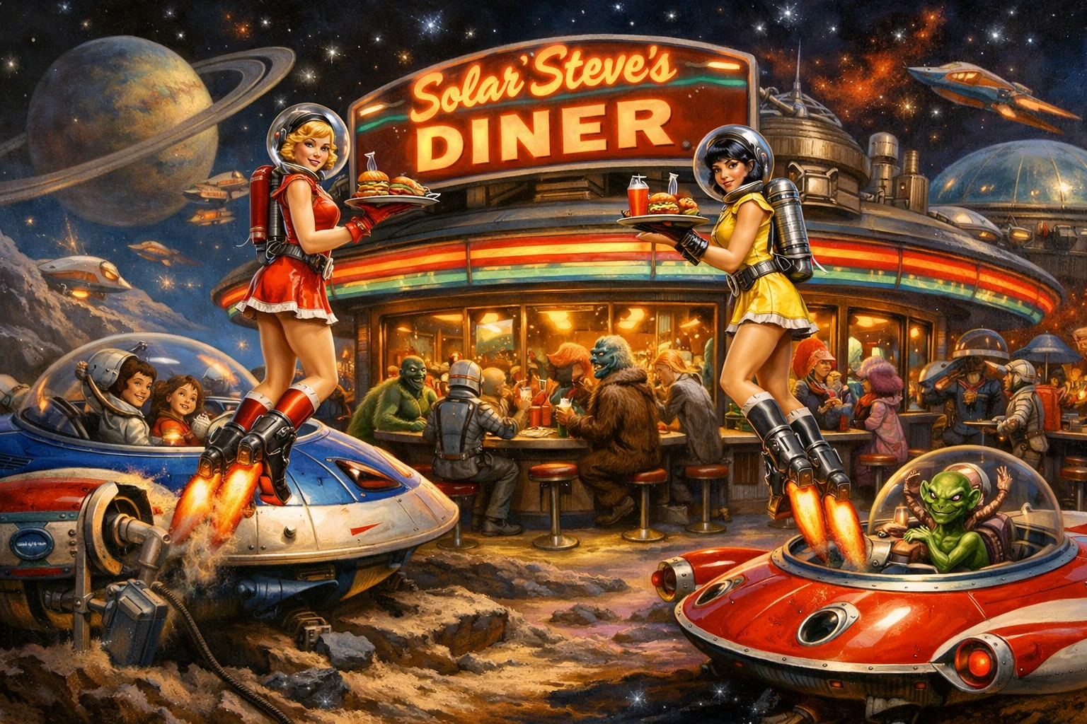 Colorato diner spaziale brulicante di astronavi e cameriere razzo