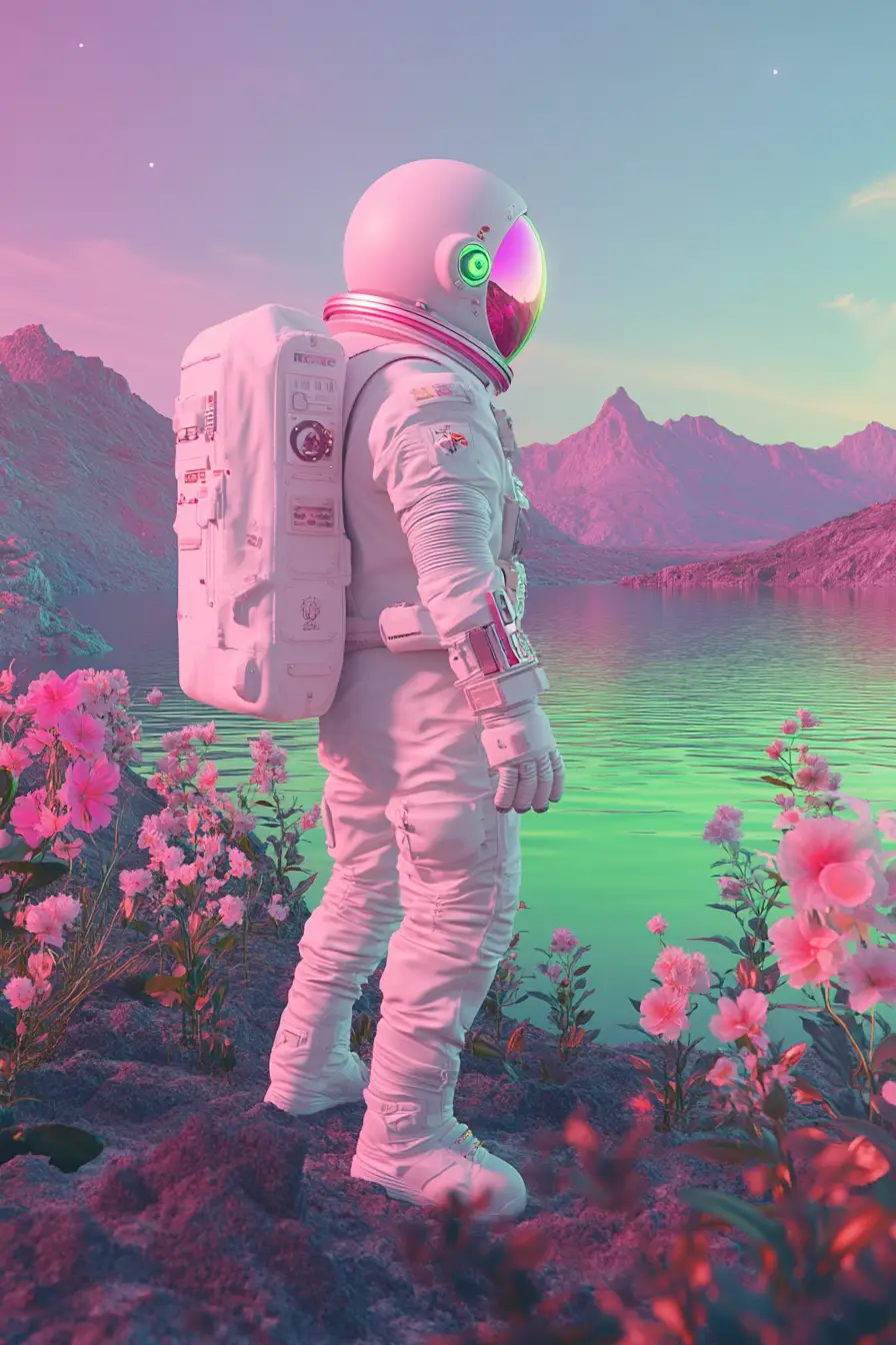 霓虹粉彩超現實外星星球上的太空人