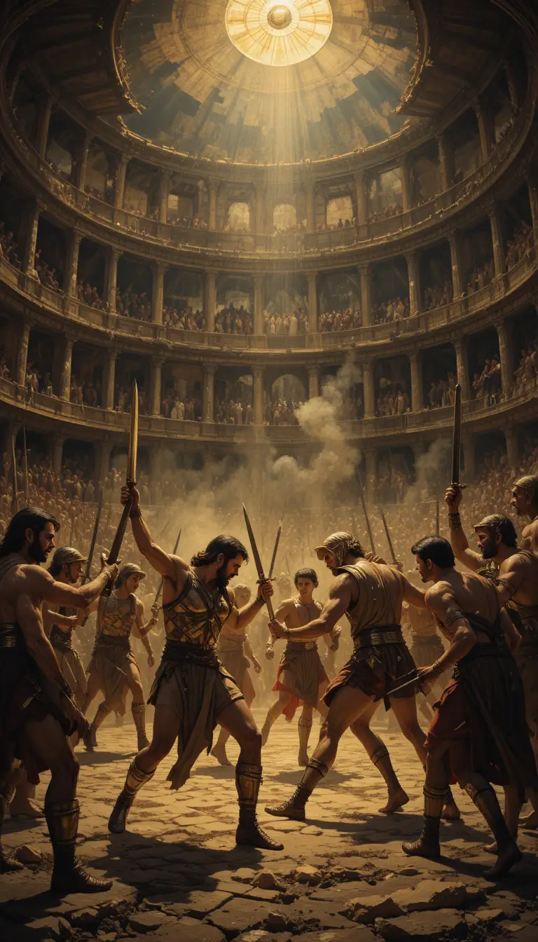 Gladiadores chocan con espadas cortas en un coliseo oscuro