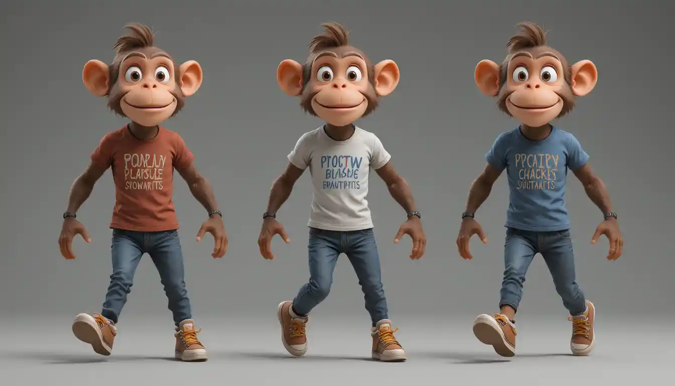 Macaco em desenho animado caminhando de jeans e camiseta casuais