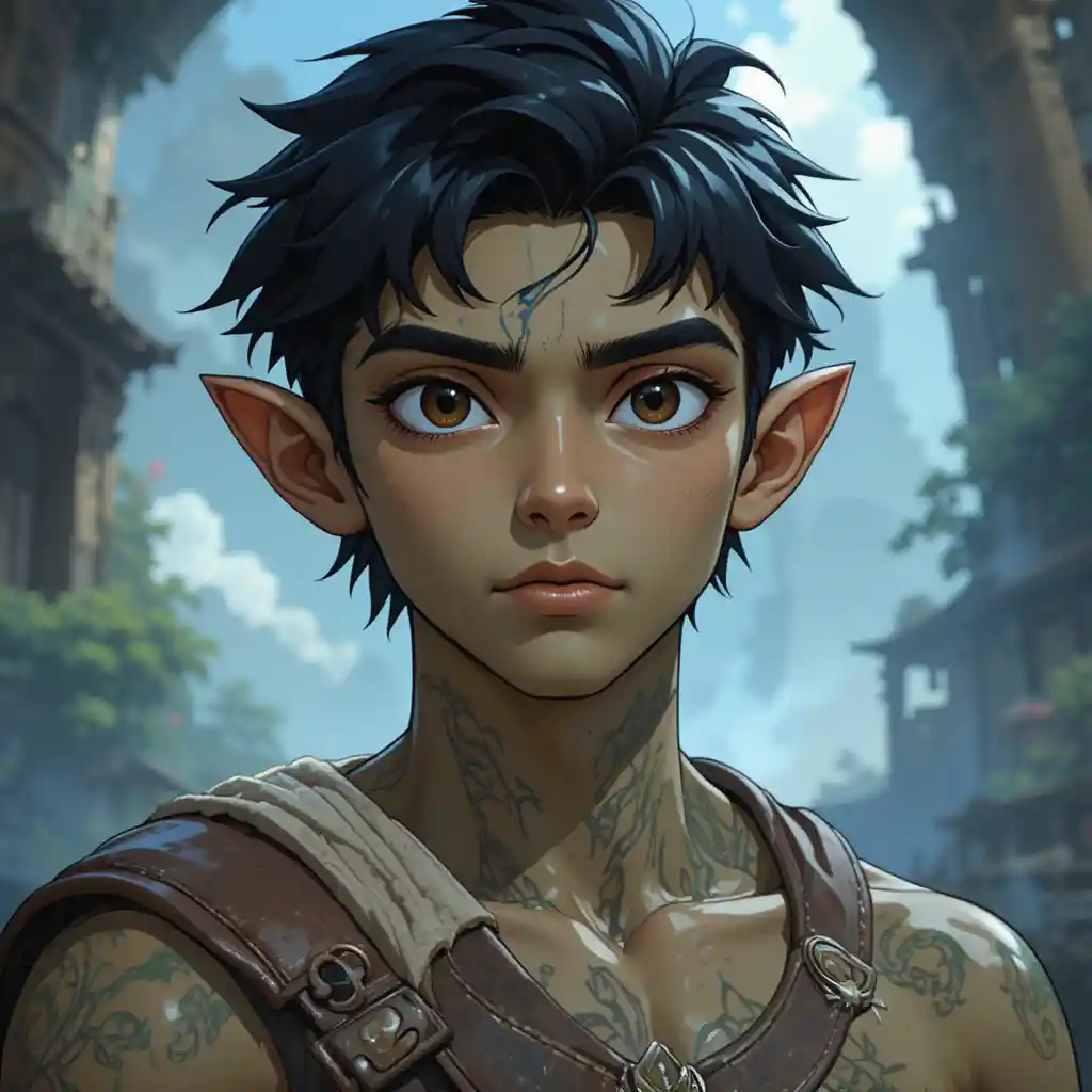 Young wakfu inspired rogue with dark hair and brown eyes