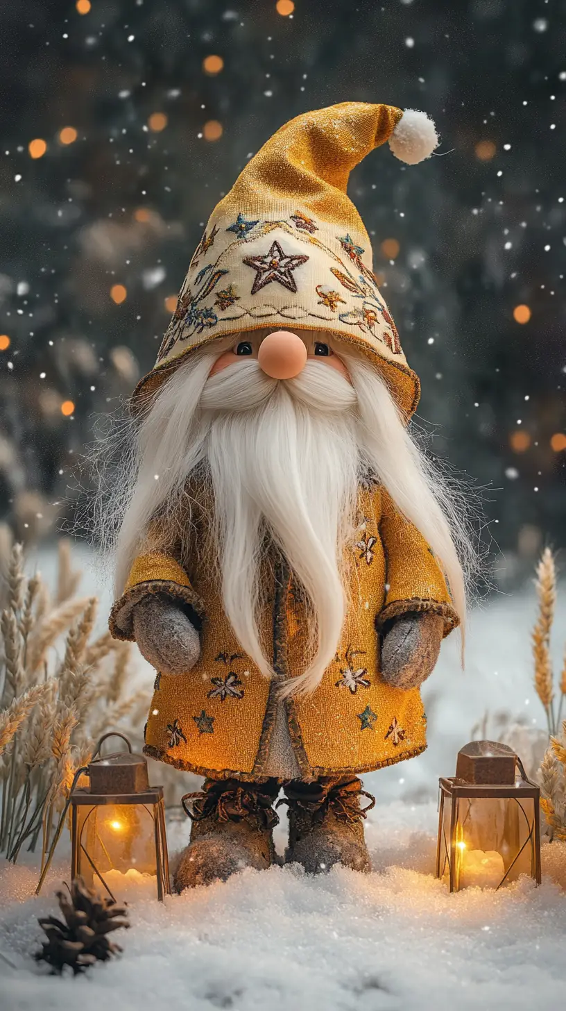 Gnome d’hiver féerique avec lanternes sous la neige qui tombe