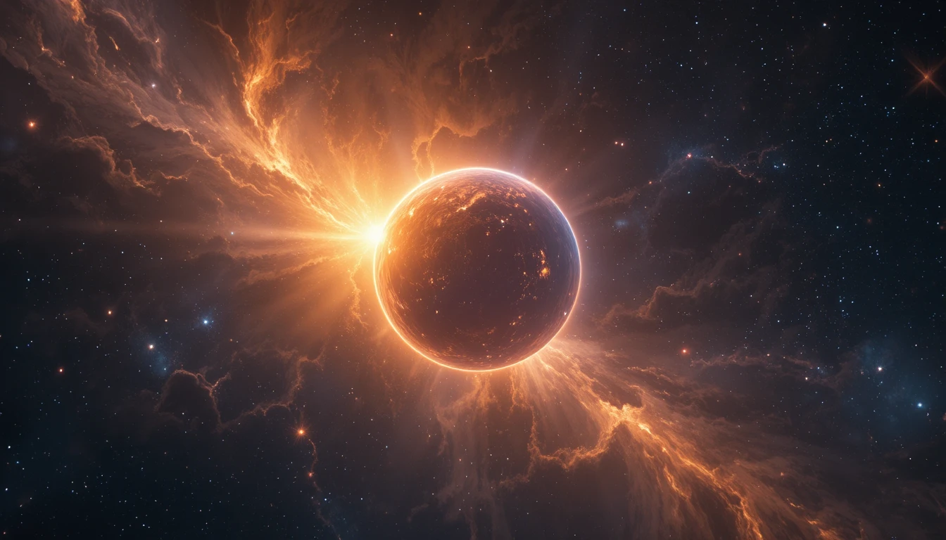 Planeta brilhante sob um vasto céu cósmico repleto de estrelas