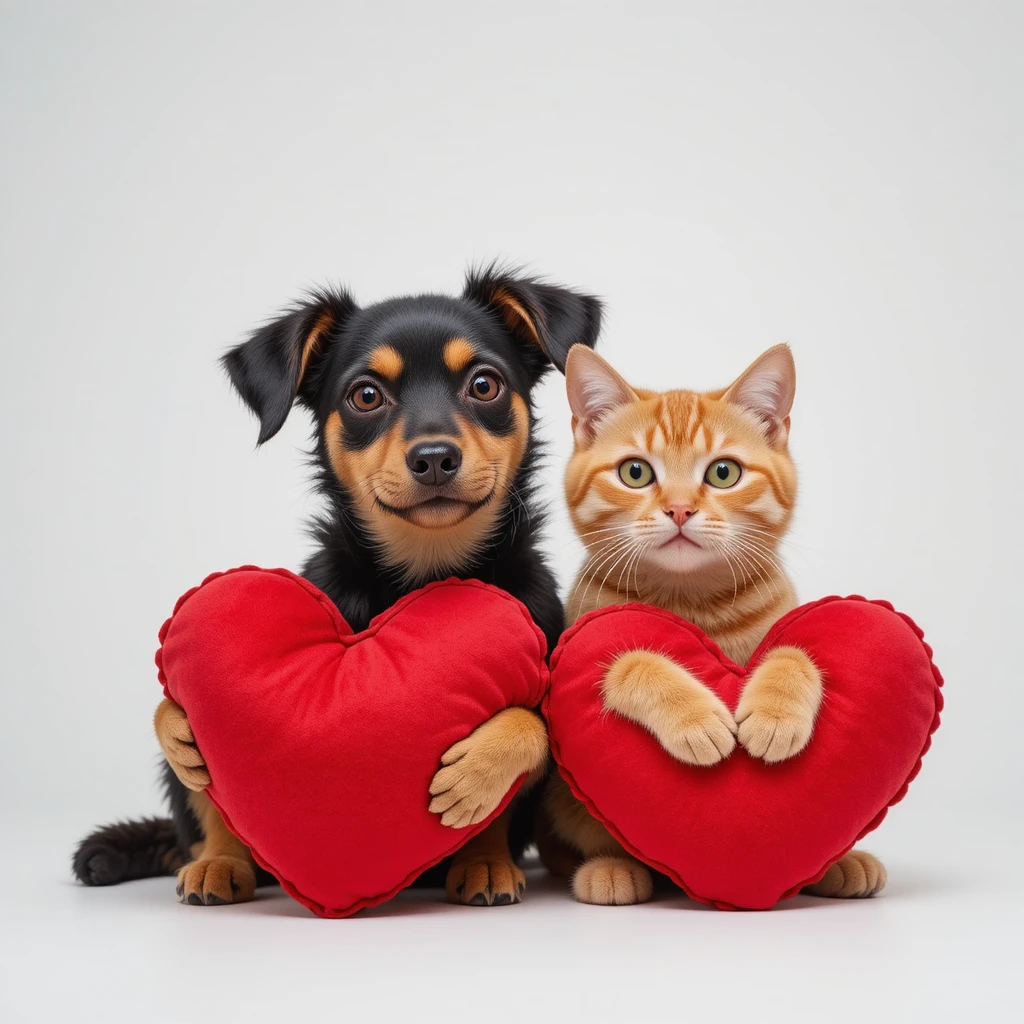 Adorable chien croisé et chat tigré tenant des coussins en forme de cœur rouge