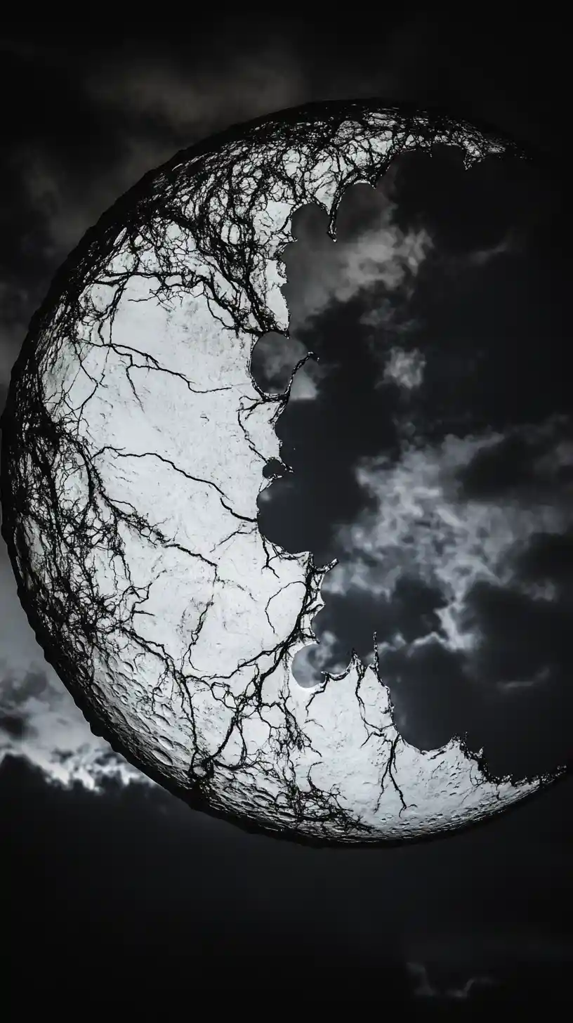 Cracked moon silhouette spilling silver light over warped city