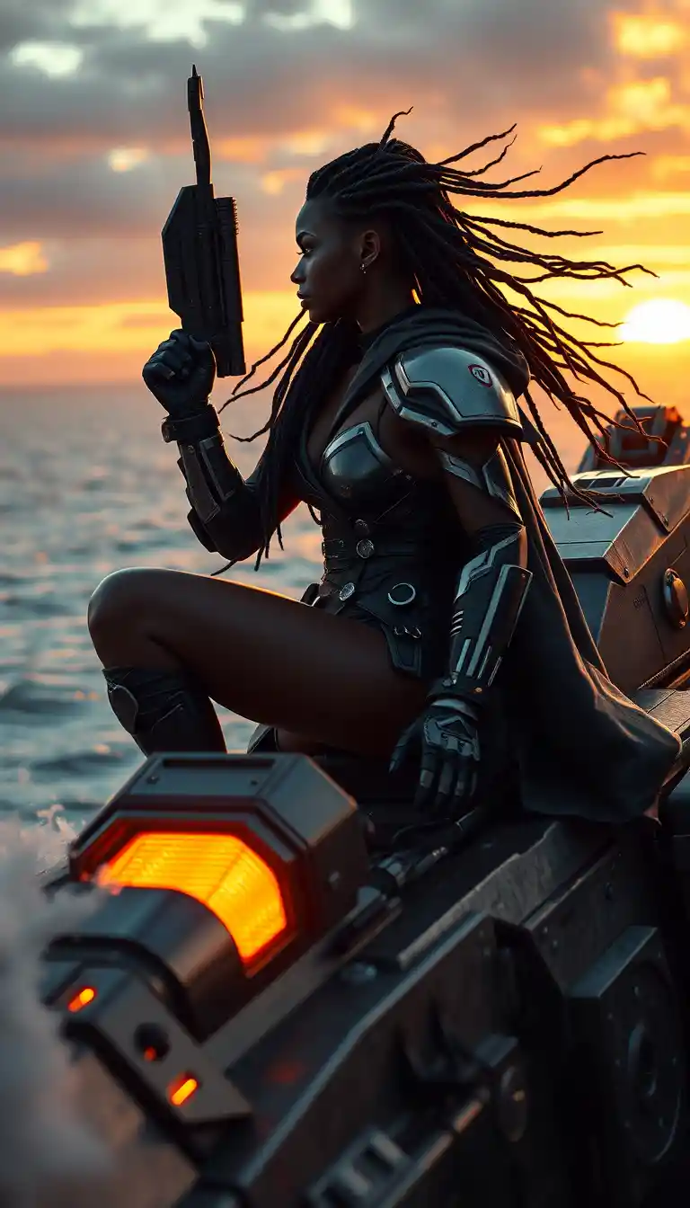 Afrofuturistic warrior woman on mech overlooking ocean sunset