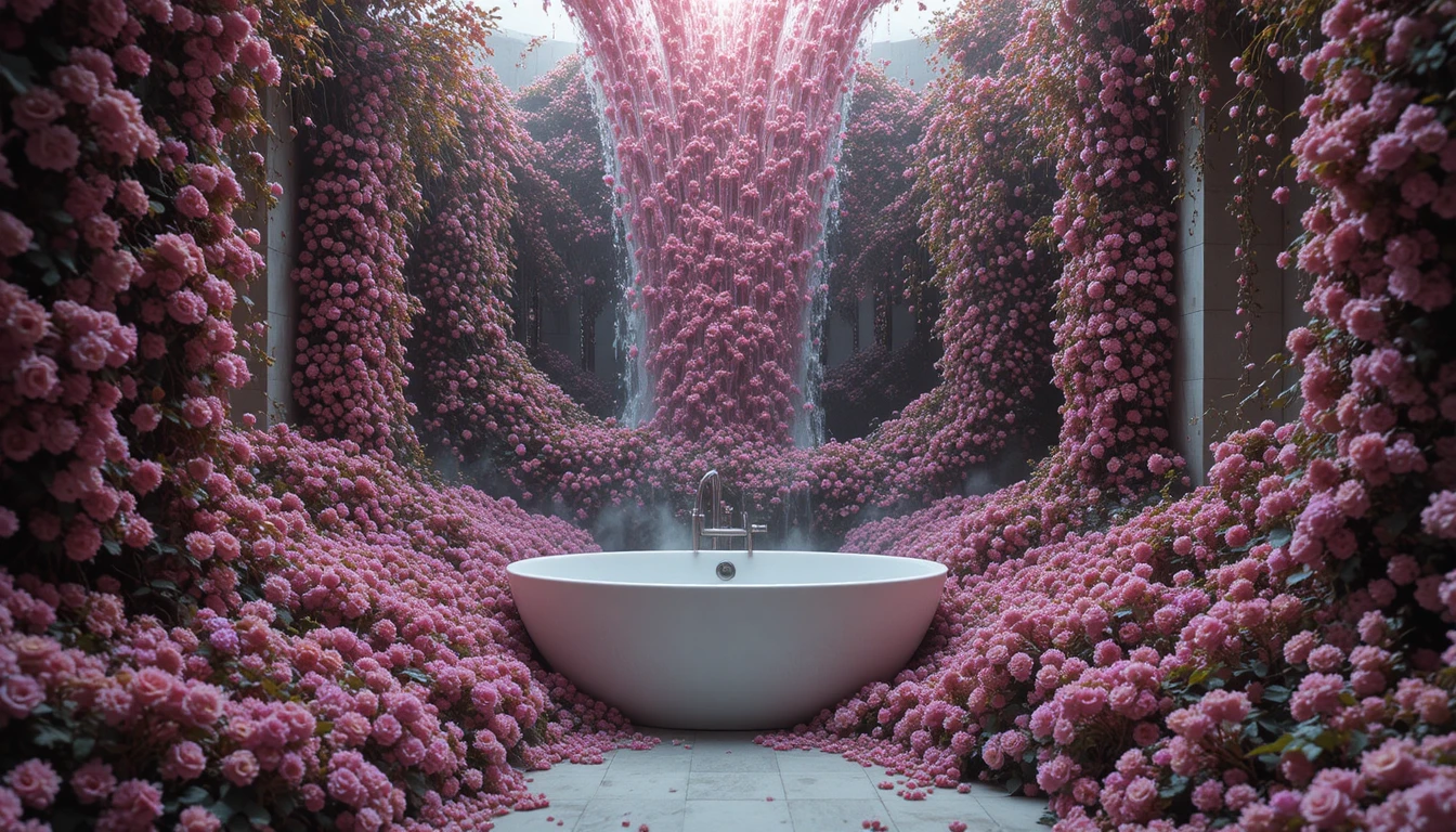 Wild flowers overflowing in a romantic bathroom sanctuary