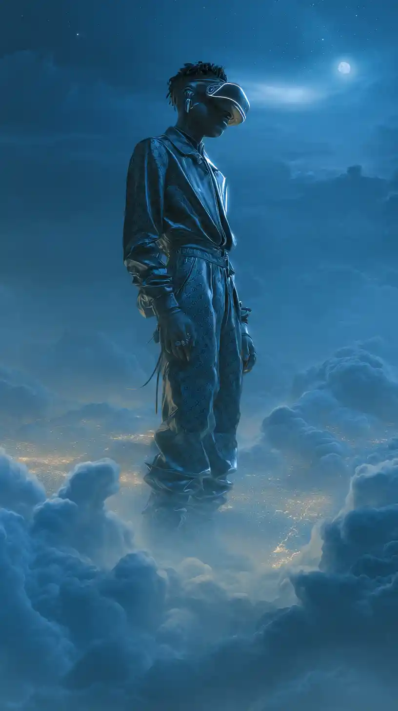Uomo afrofuturista che fluttua sopra nuvole notturne luminose