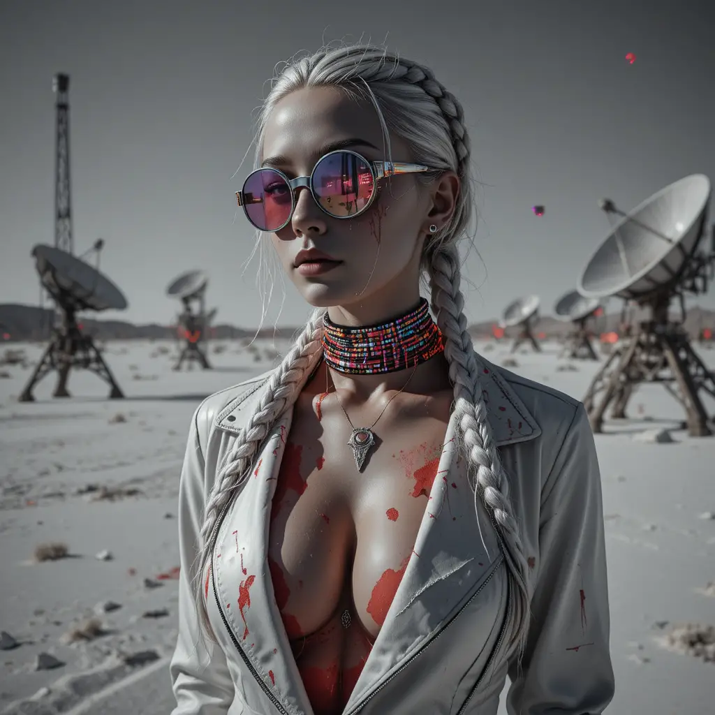 Cyberpunk-Femme-Fatale auf blendendem Salzpfannen-Friedhof
