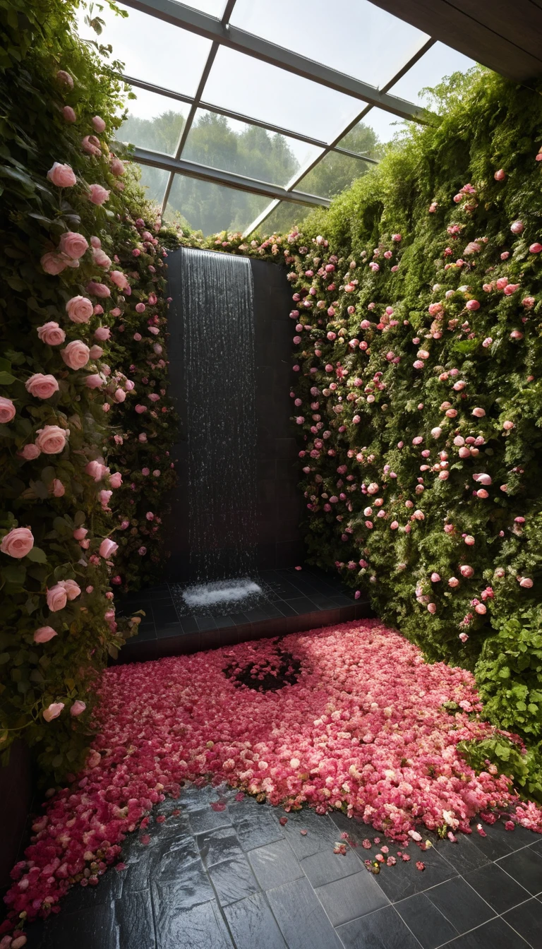Wildblumen, die ein üppiges Badezimmer-Sanctuary überfluten