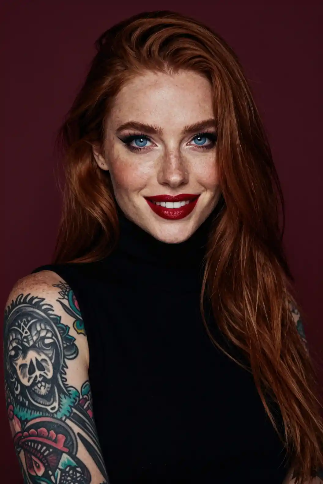 Tattooed woman with blue eyes against burgundy background