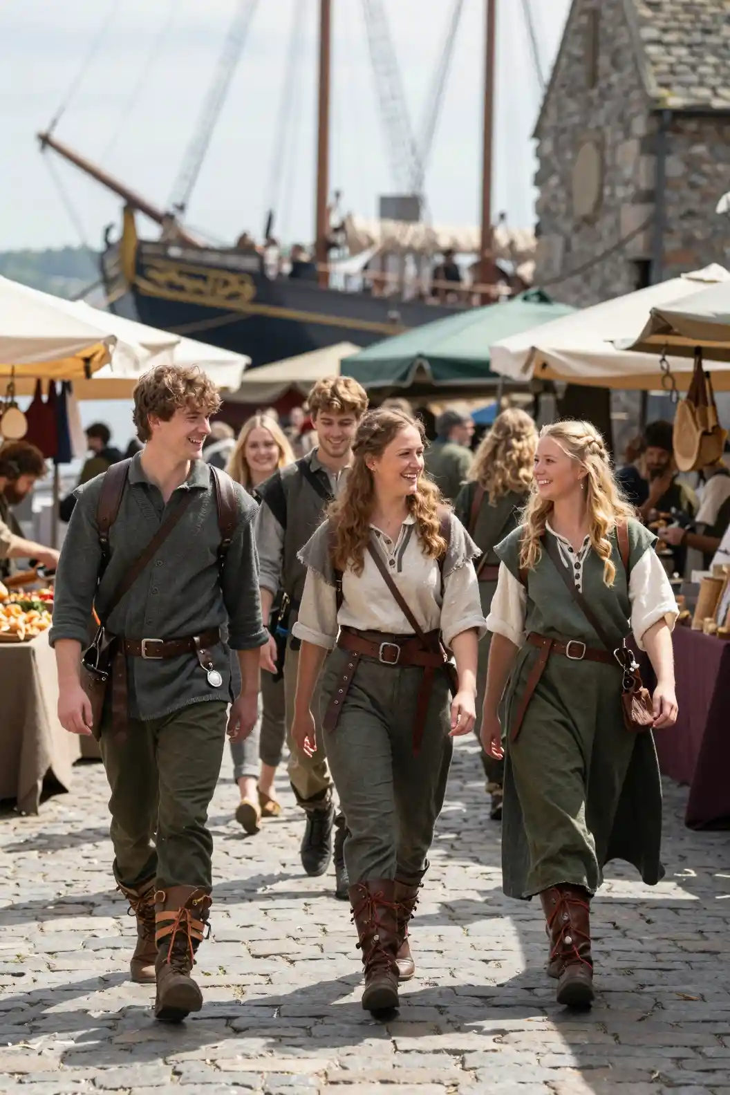 Des aventuriers explorant ensemble une ensoleillée rue de marché fantastique