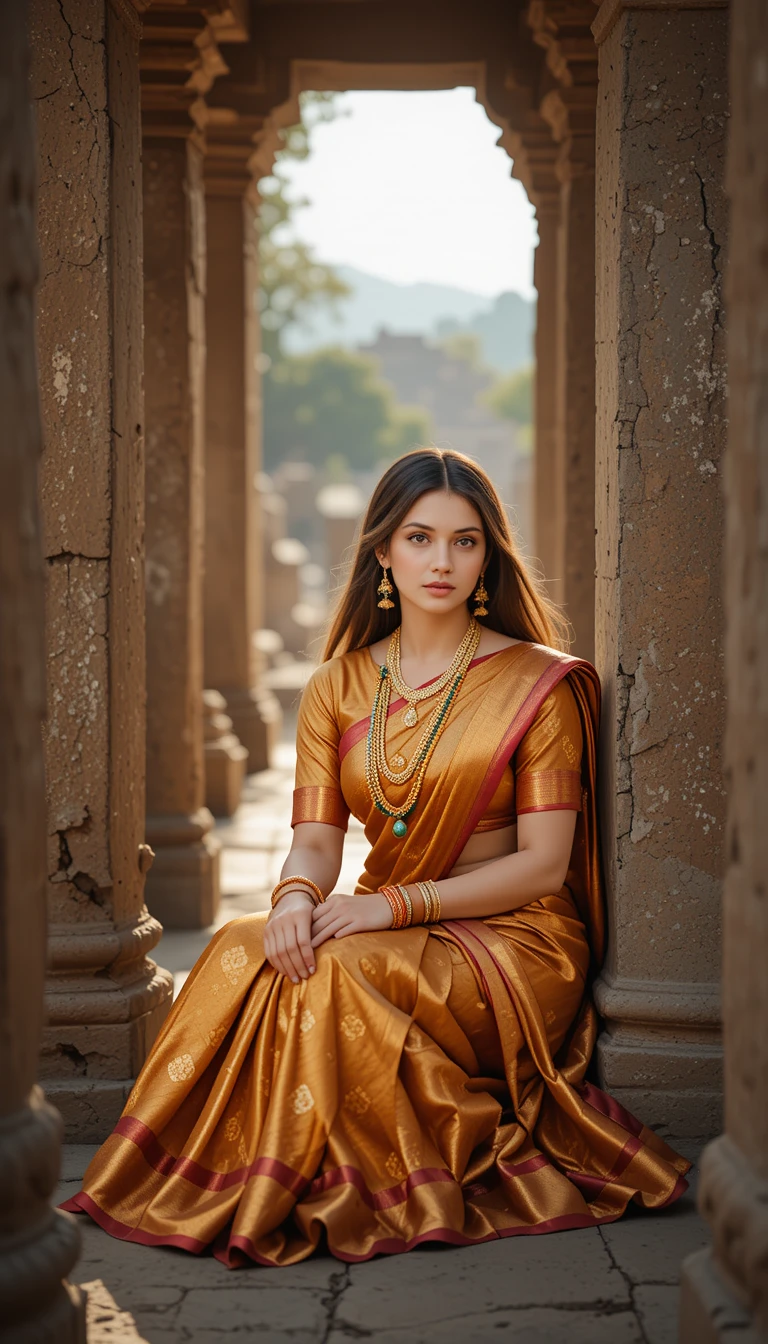 Mujer india con sari de seda sentada junto a antiguo pilar de piedra