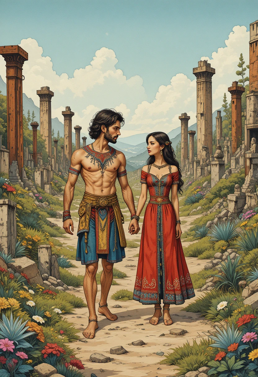 Ilustração folclórica de um casal em um jardim pós-apocalíptico