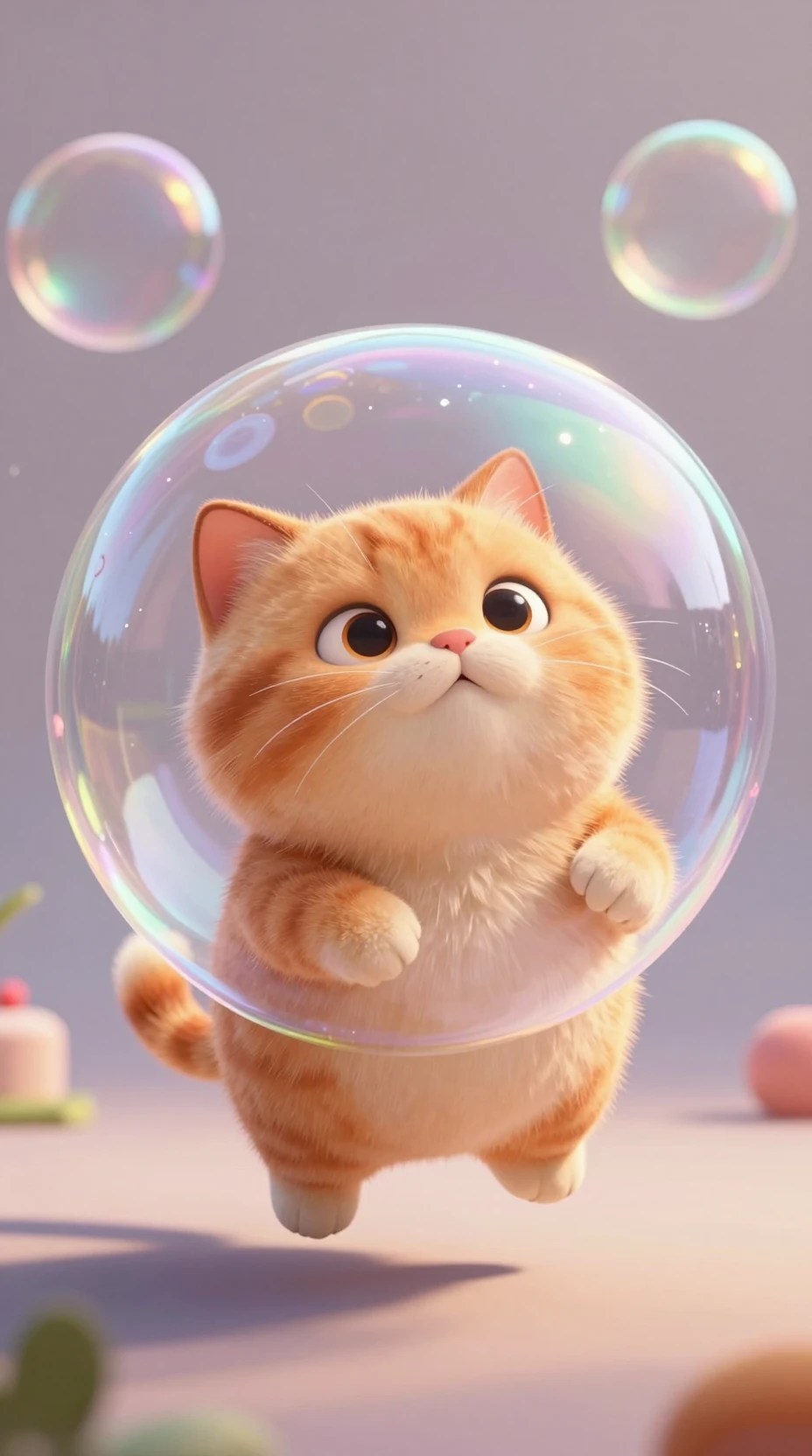 Pummeliger orangefarbener Kater in einer schimmernden Seifenblase