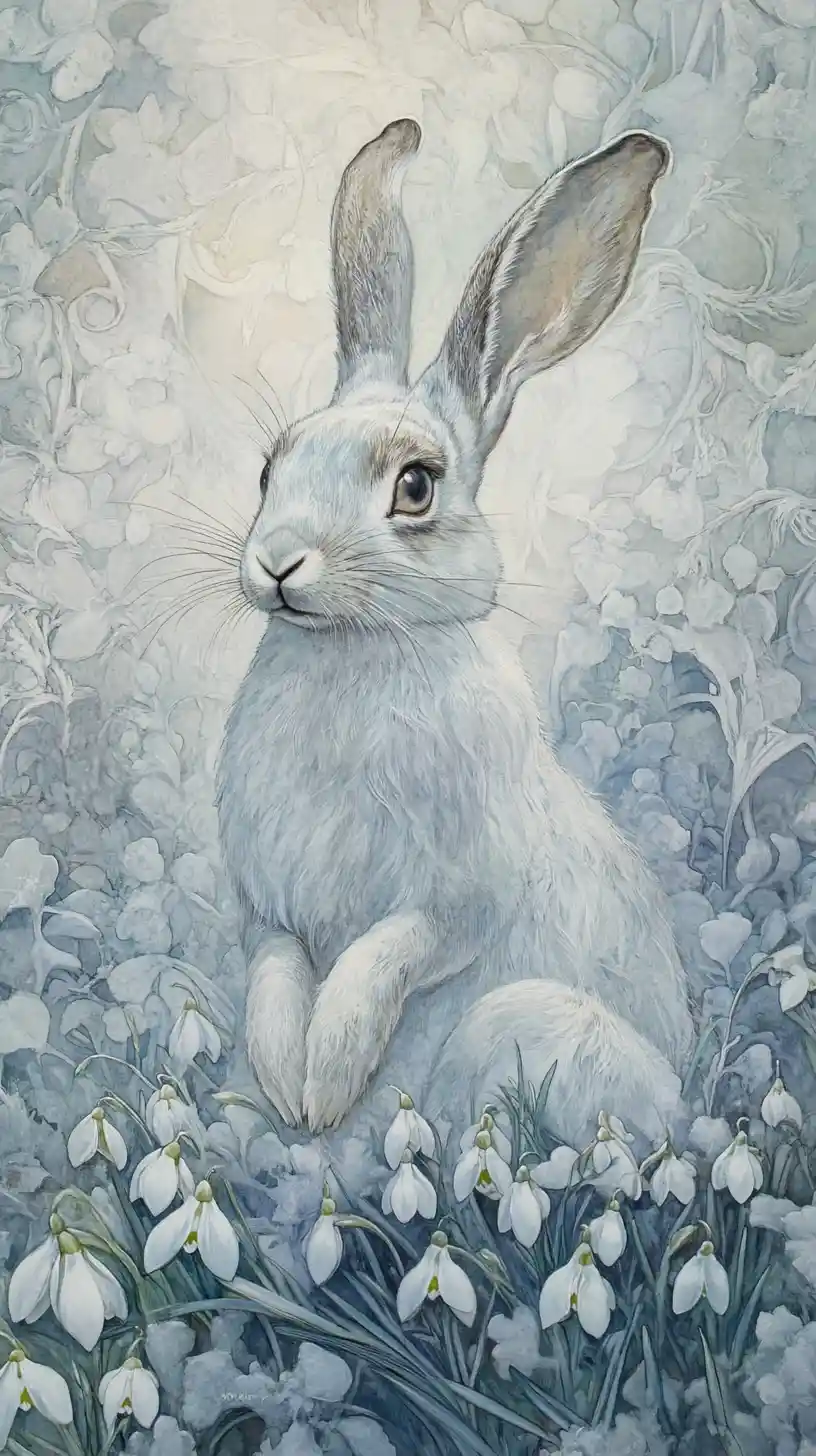 Pintura simbolista de uma lebre da neve entre delicadas campânulas-brancas