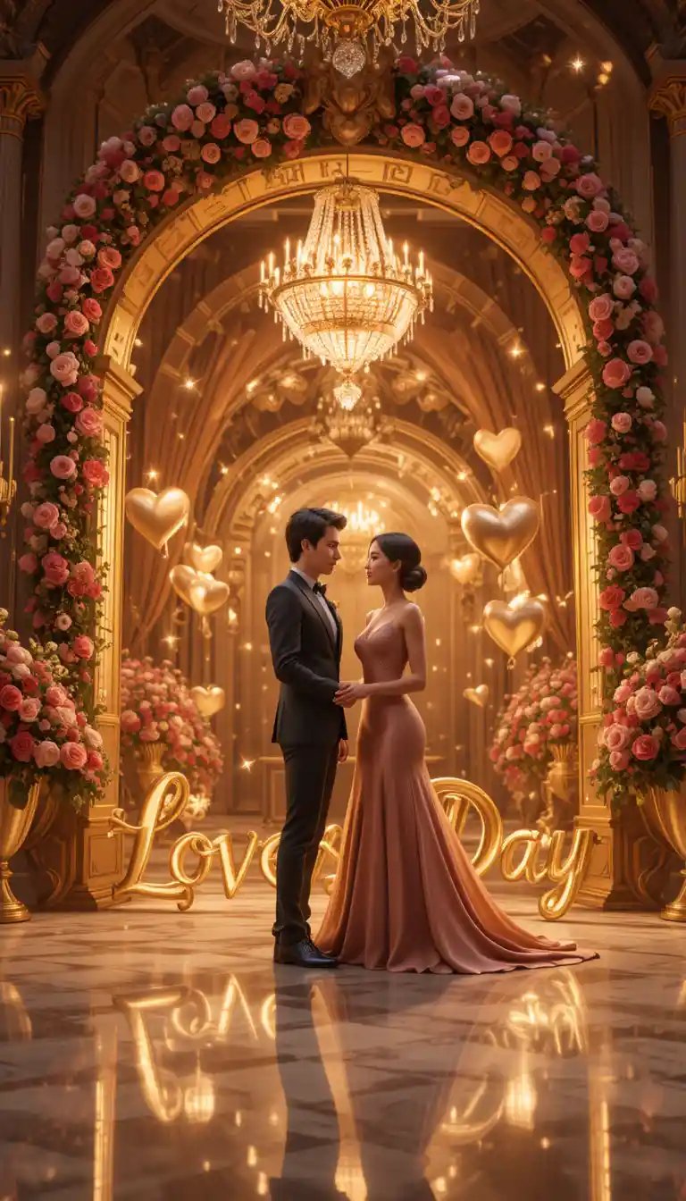 Casal elegante sob arco dourado no dia dos apaixonados