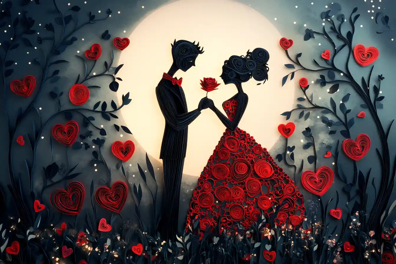 Casal em arte de papel em um jardim de corações ao luar