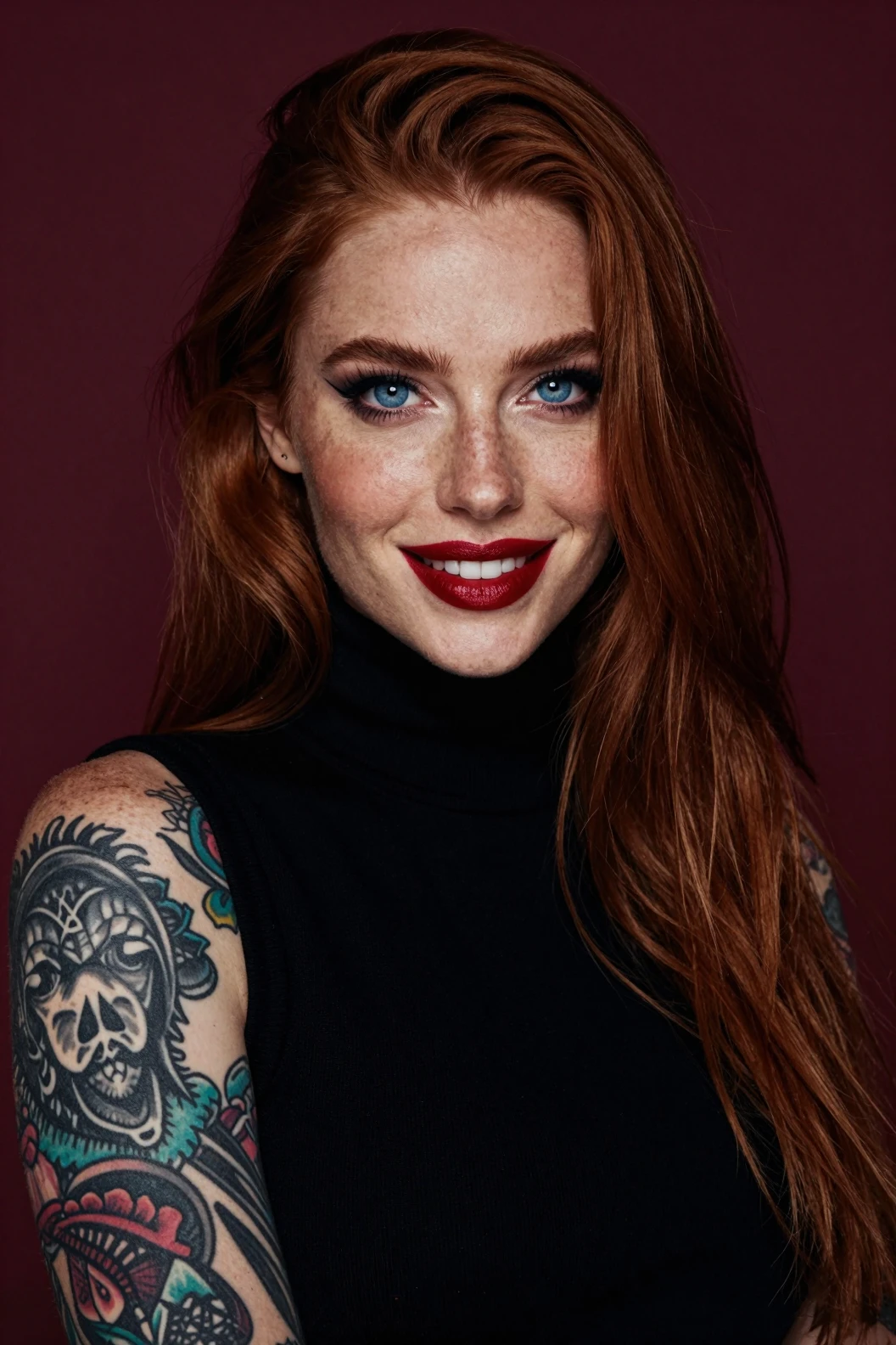 Tattooed woman with blue eyes against burgundy background