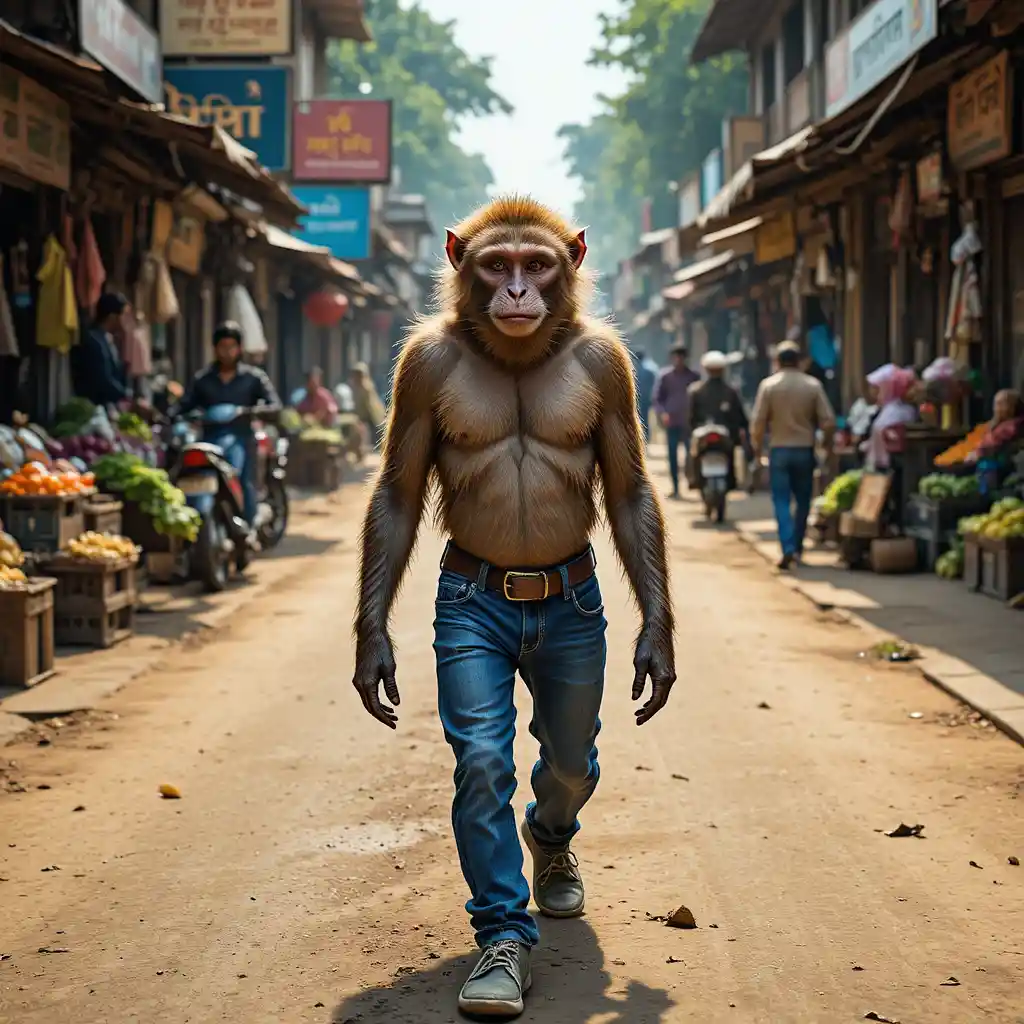 Affe in Jeans läuft eine belebte indische Marktstraße entlang