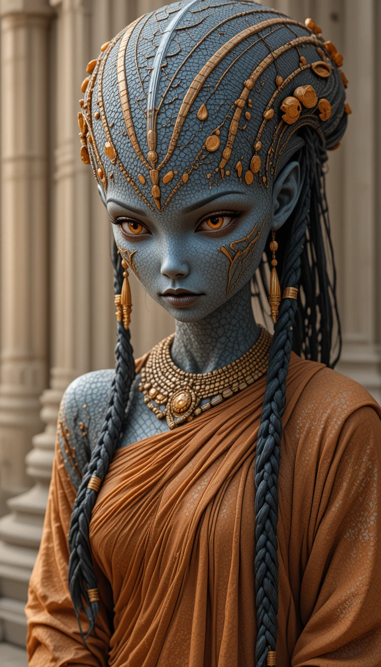 Regale donna aliena rettiliana in vesti tribali sci-fi