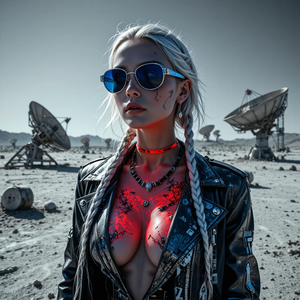 Femme fatale cyberpunk em um cemitério de satélites banhado de sol