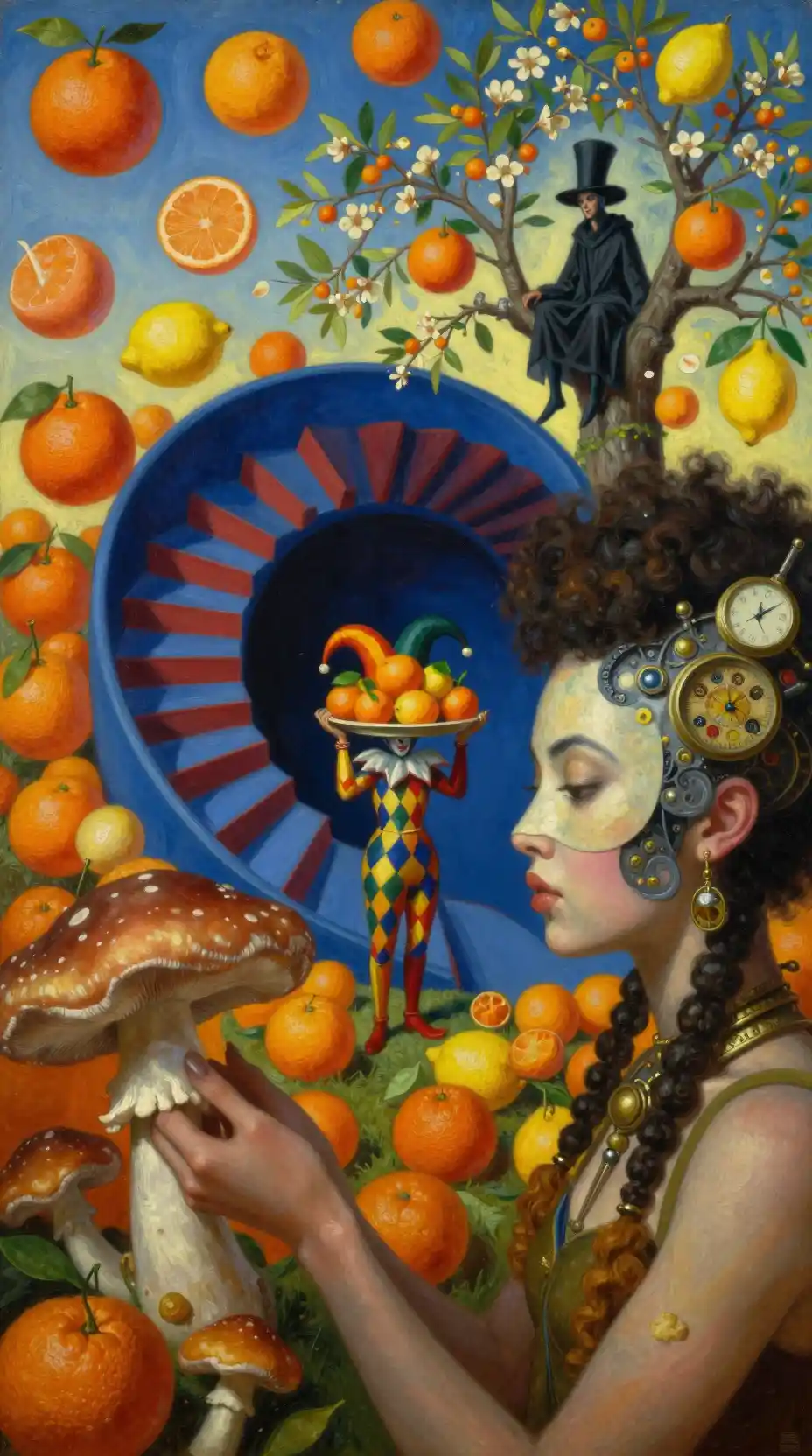 Surreal woman with citrus and mushrooms in theatrical scene