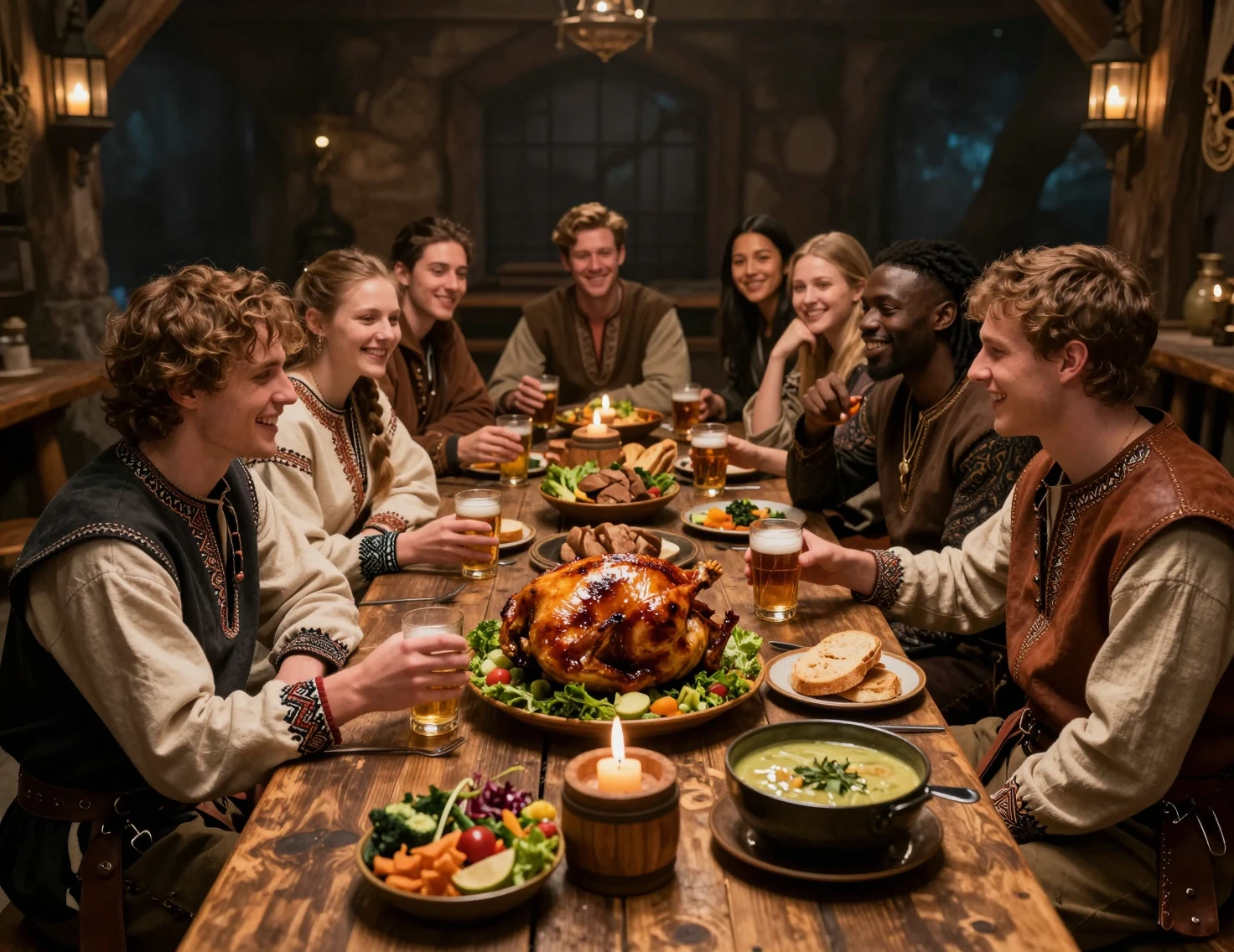 Amici che condividono cibo in una accogliente taverna fantasy di notte