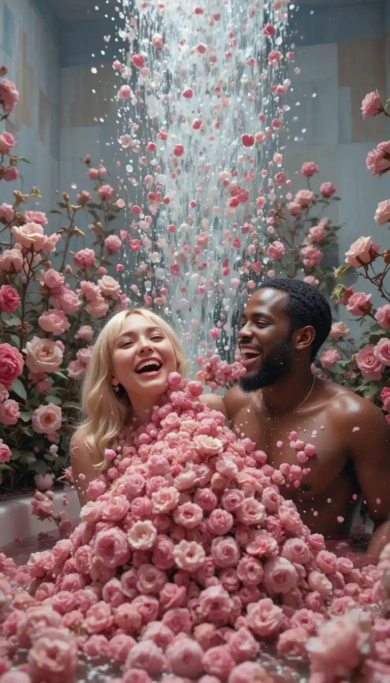Joyful woman in a bathroom overflowing with wildflowers