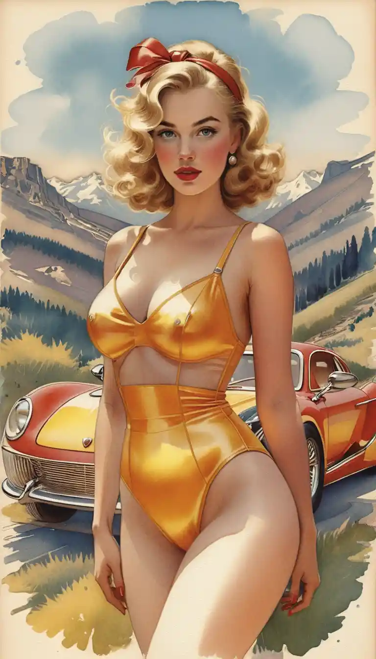 Donna bionda in tuta rossa su auto d’epoca rossa - ritratto