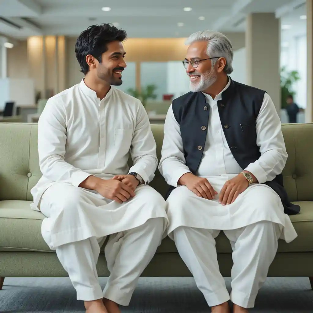 Two Indian men talking on a light green office sofa