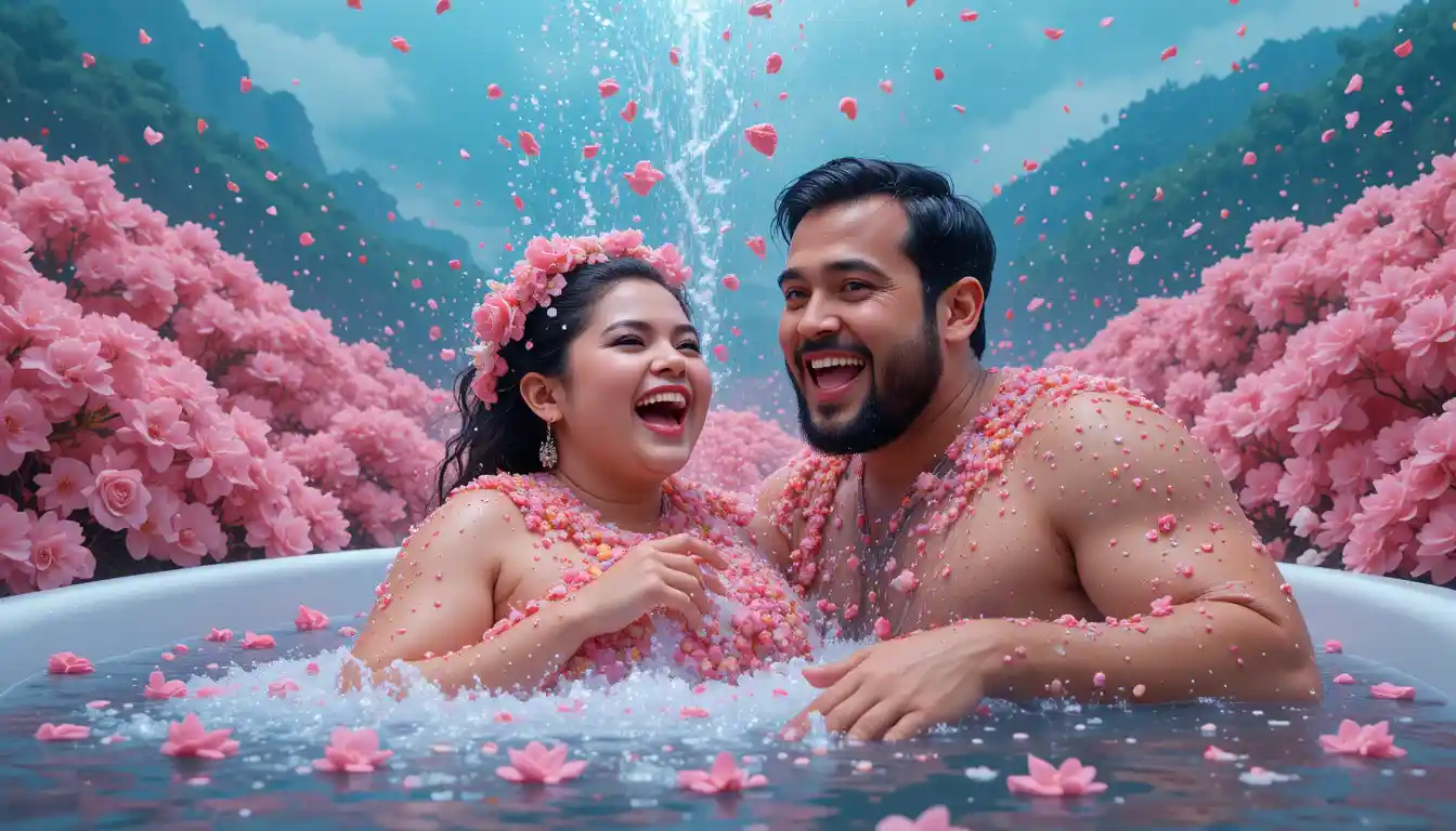 Joyful woman in a wildflower filled bathroom fantasy