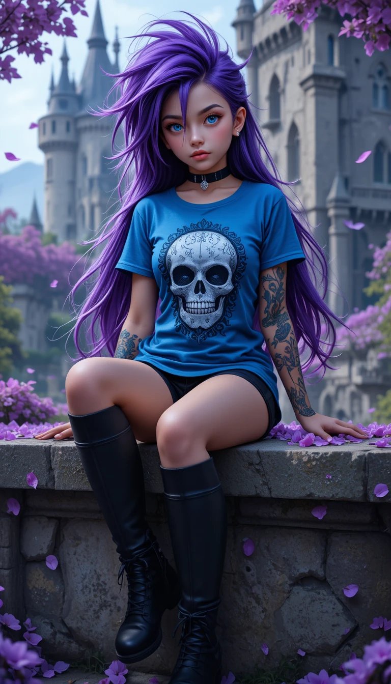 Fille punk fantastique se relaxant près d’un château lointain