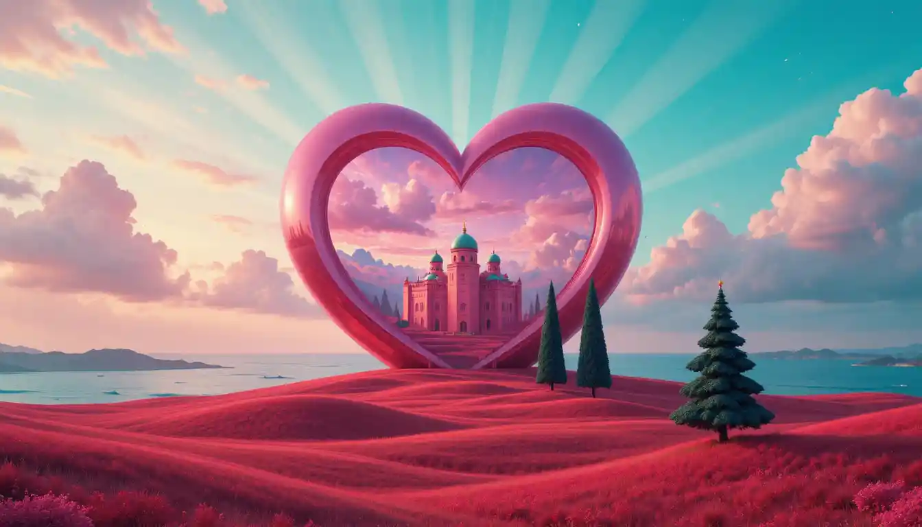 Horizonte oceânico surreal com portal de coração rosa brilhante