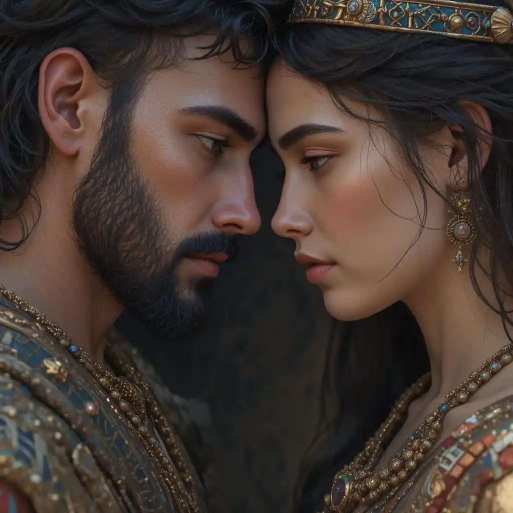 Romantic pharaoh and queen couple inspired by ancient Egypt
