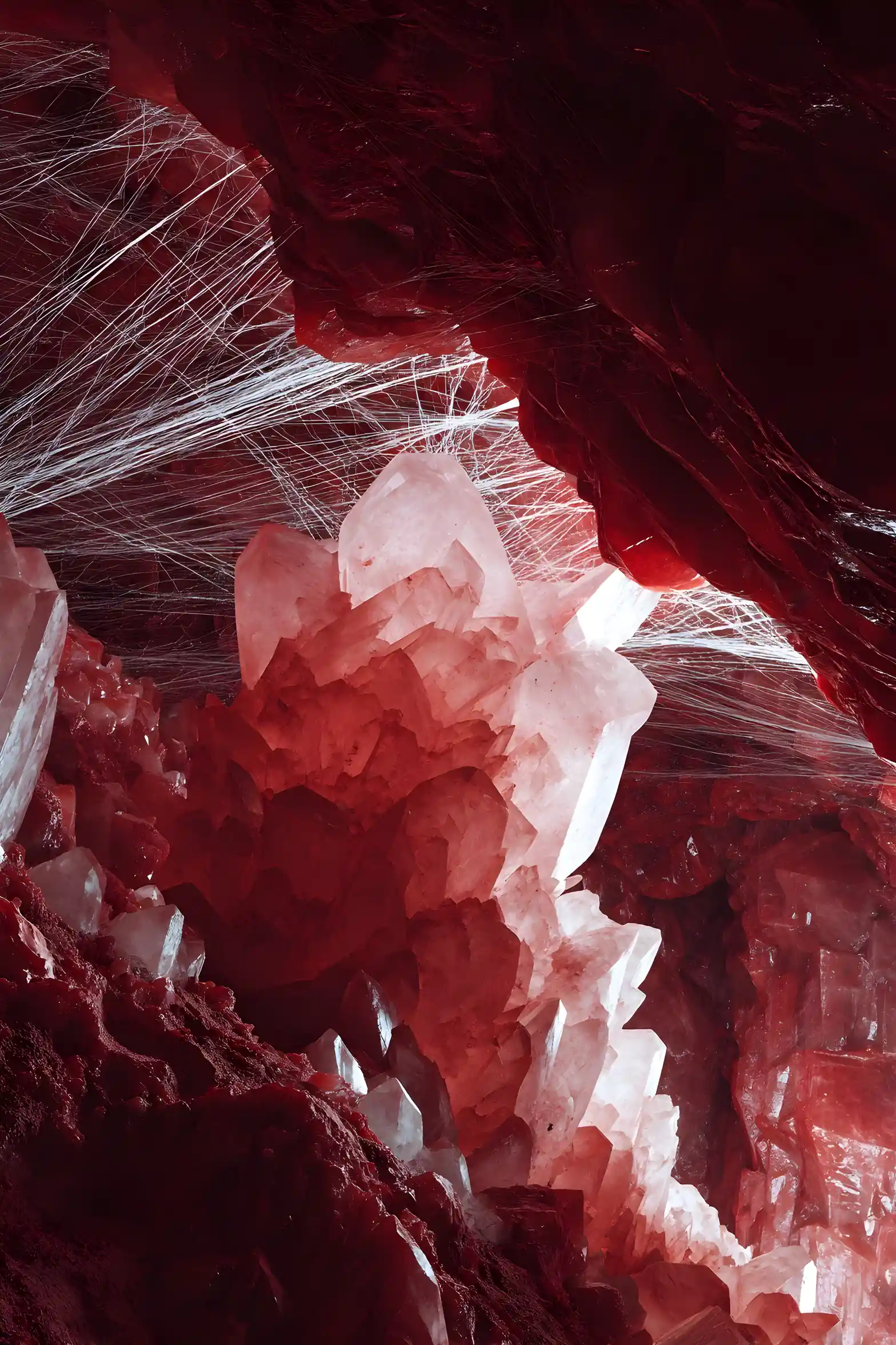Alien habitat inside vast red crystal caves