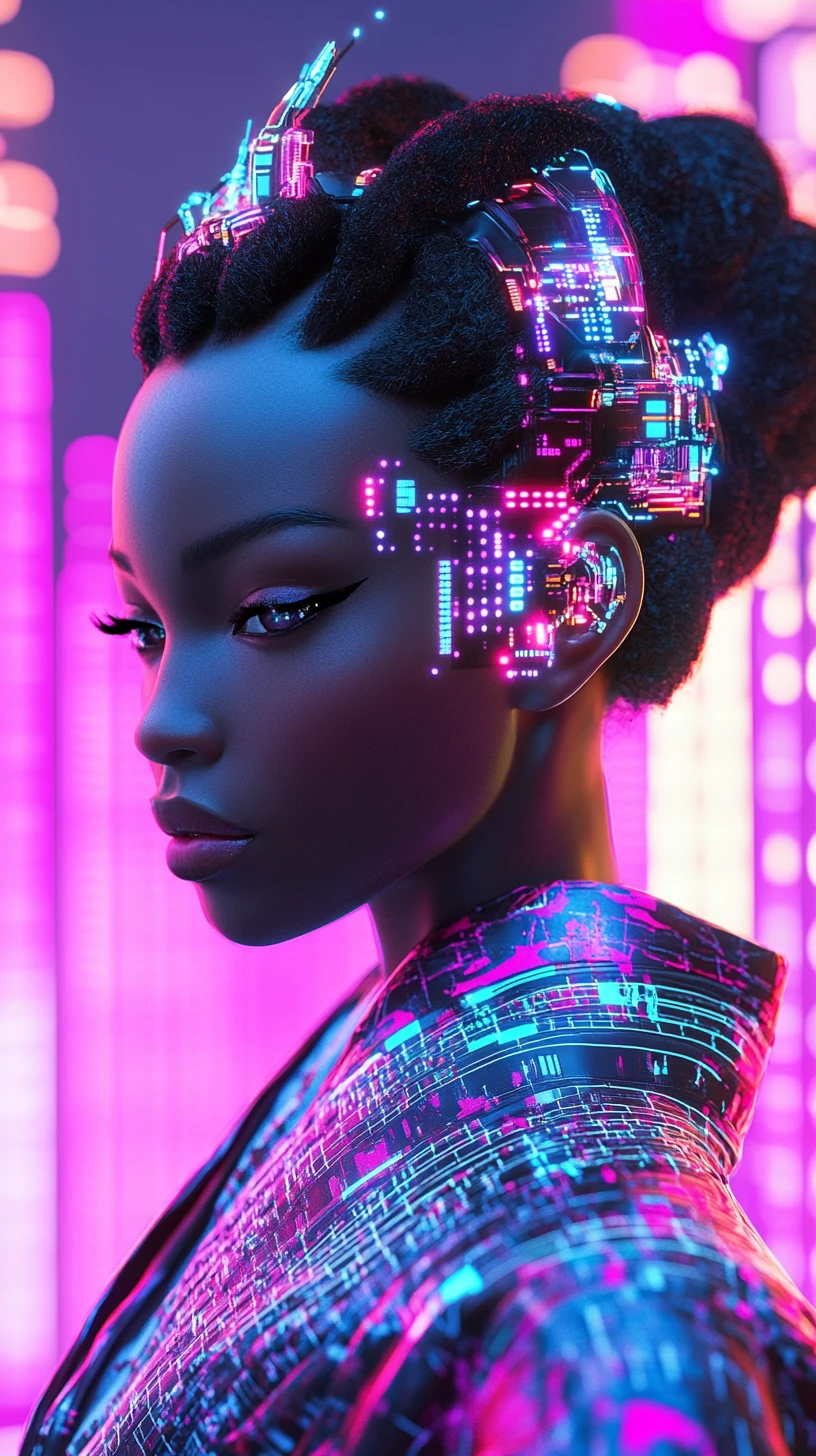 Cyber geisha portrait with neon circuitry and vaporwave glow