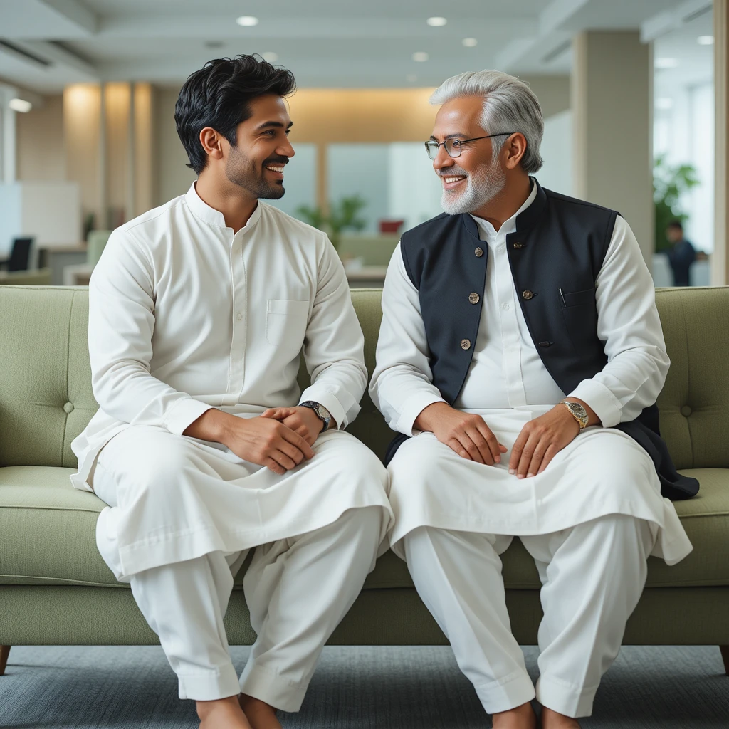 Two Indian men talking on a light green office sofa