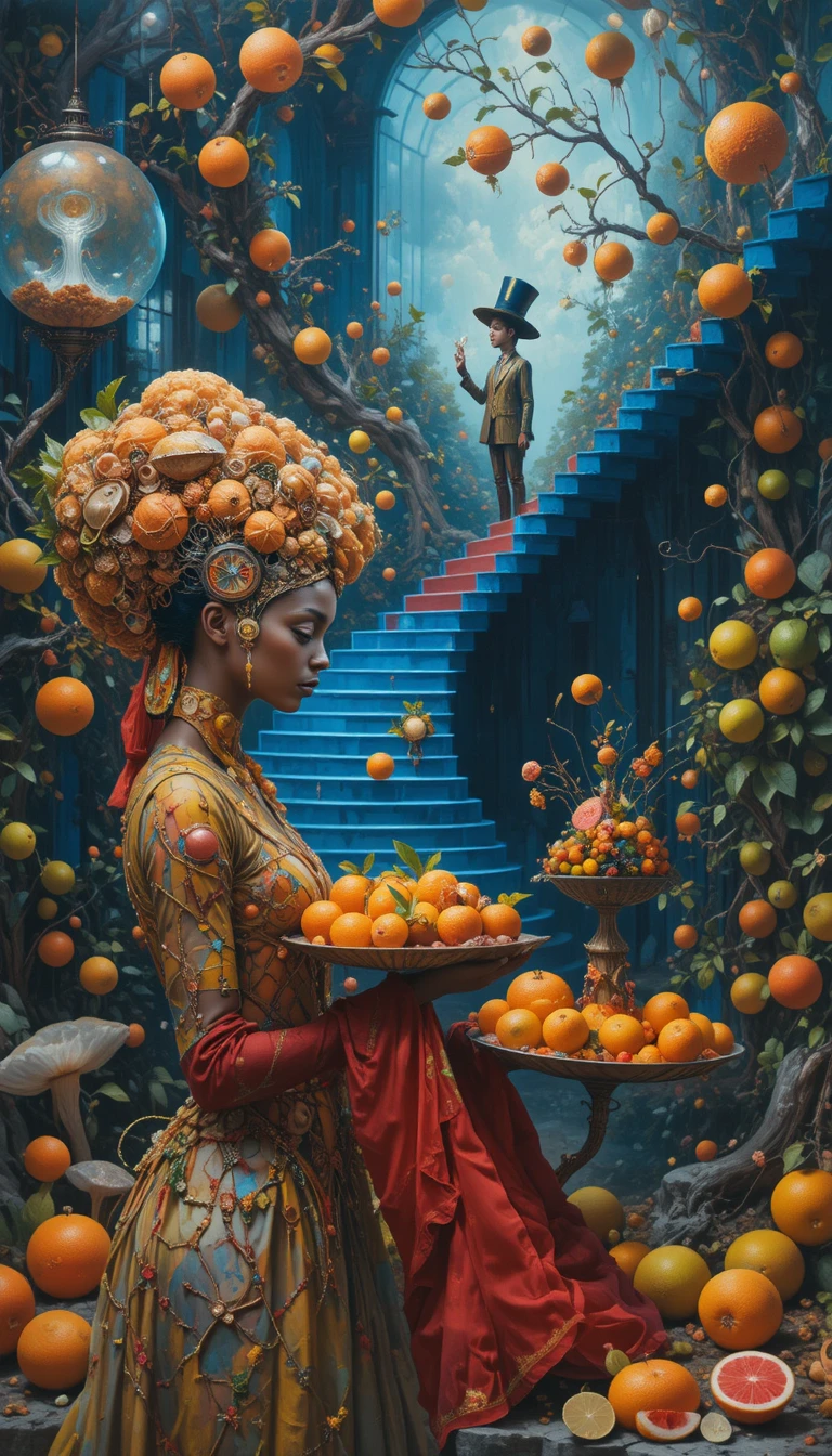 Surreal woman with citrus and mushrooms on theatrical stage