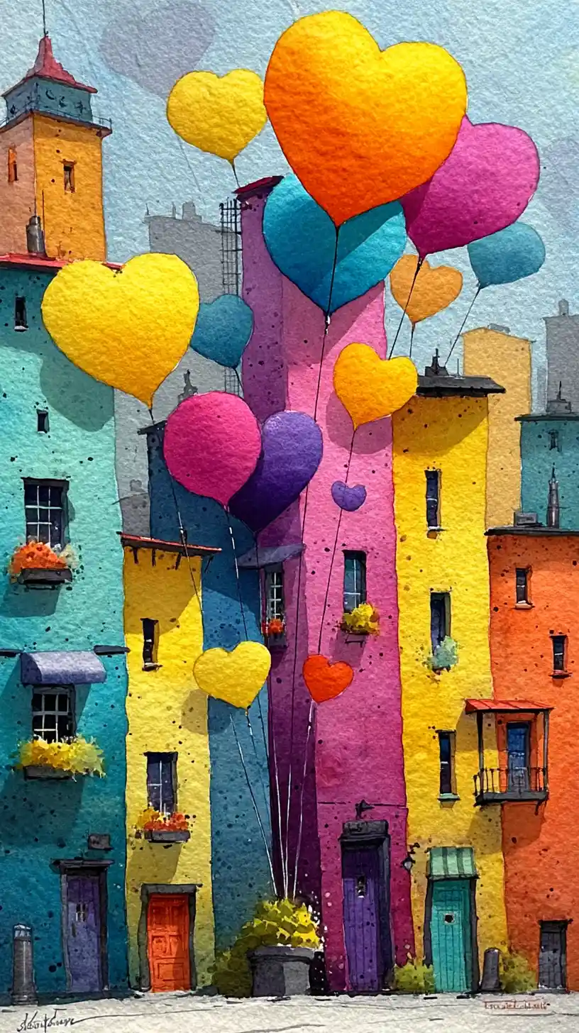 Ciudad de fantasía soleada con corazones acuarela translúcidos flotando